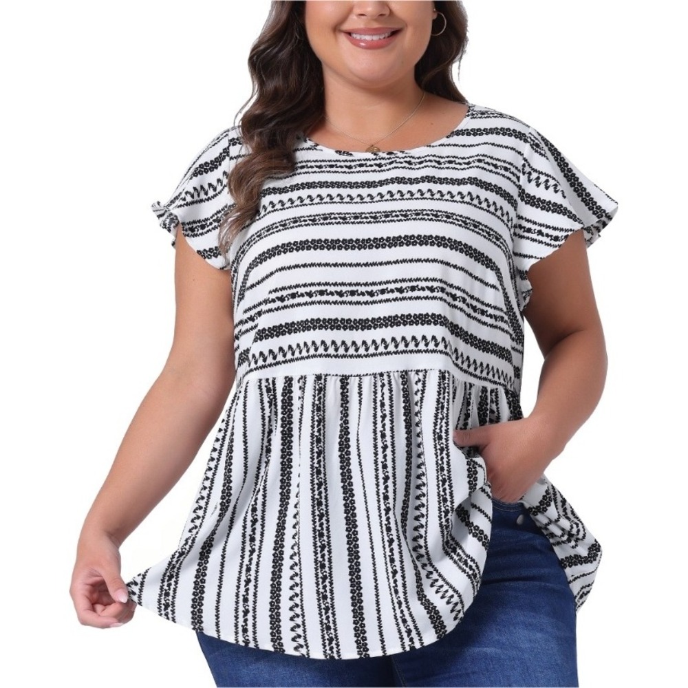Agnes Orinda Women's‎ Plus Size Striped Peplum Top Flutter Sleeve Blouse 2X NWT